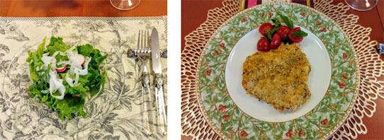 テーブルマットで印象が変わります。 / 鶏肉のマスタードマリネのパン粉焼 プチトマトとイタリアンパセリ添え